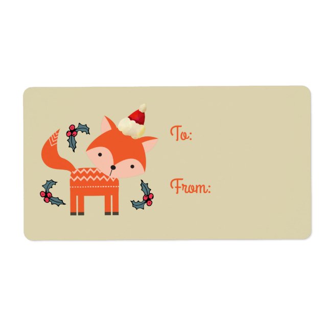 Orange Fox In Santa Hat Cute Retro Christmas Gift Label (Front)