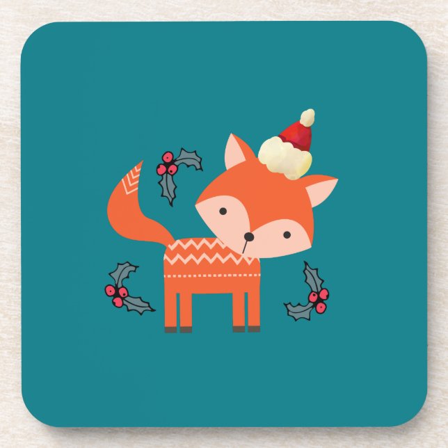 Orange Fox In Santa Hat Cute Whimsical Christmas Drink Coaster (Front)