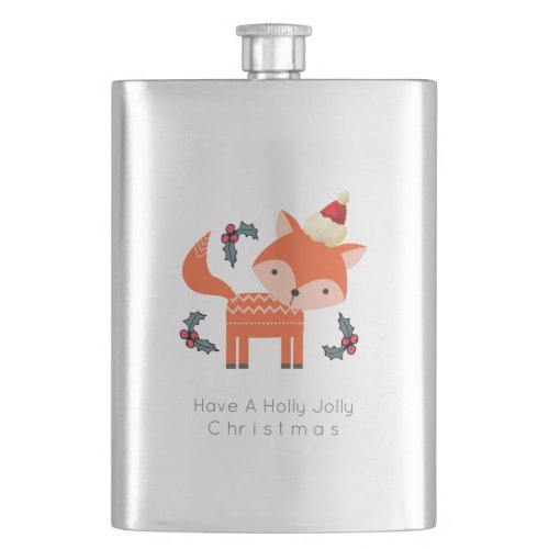 Orange Fox In Santa Hat Cute Whimsical Christmas Flask