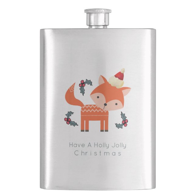 Orange Fox In Santa Hat Cute Whimsical Christmas Flask (Front)