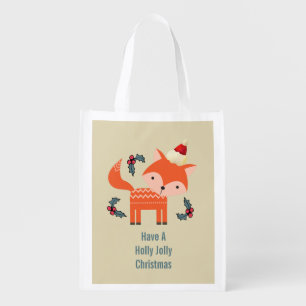 Orange Fox In Santa Hat Cute Whimsical Christmas Grocery Bag