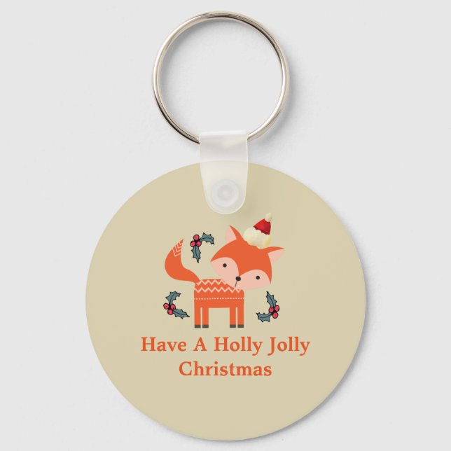 Orange Fox In Santa Hat Cute Whimsical Christmas Keychain (Front)