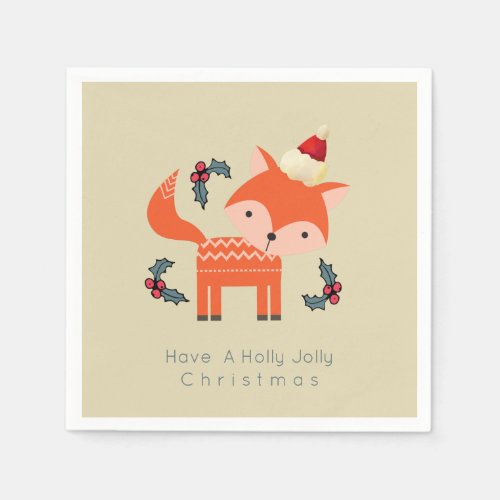 Orange Fox In Santa Hat Cute Whimsical Christmas Paper Napkins