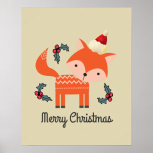 Orange Fox In Santa Hat Cute Whimsical Christmas Poster