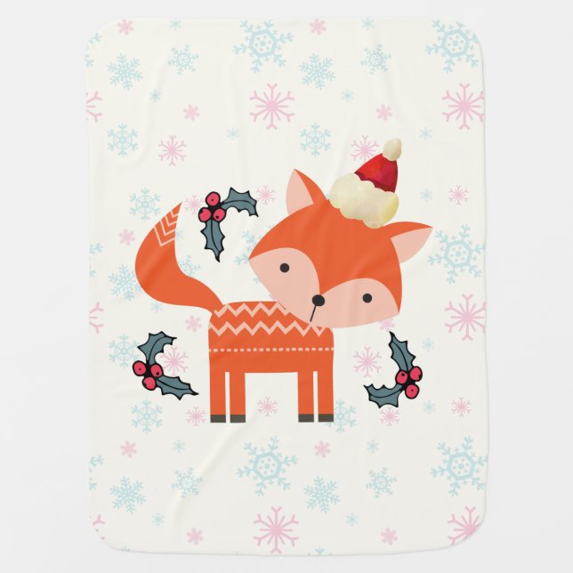 Orange Fox In Santa Hat Cute Whimsical Christmas Receiving Blanket (Front)