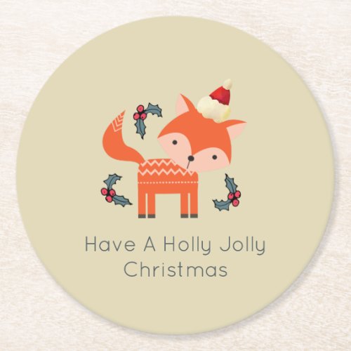 Orange Fox In Santa Hat Cute Whimsical Christmas Round Paper Coaster