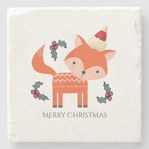 Orange Fox In Santa Hat Cute Whimsical Christmas Stone Coaster