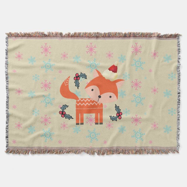 Orange Fox In Santa Hat Cute Whimsical Christmas Throw Blanket (Front)