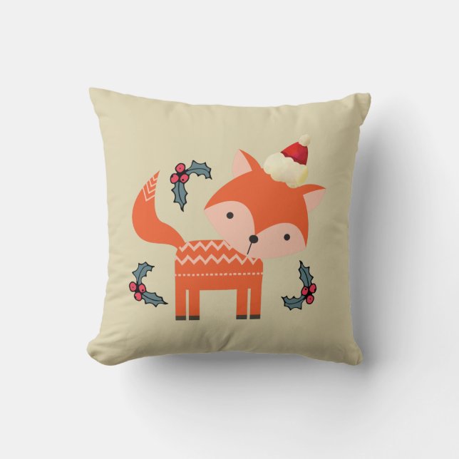Orange Fox In Santa Hat Cute Whimsical Christmas Throw Pillow (Front)