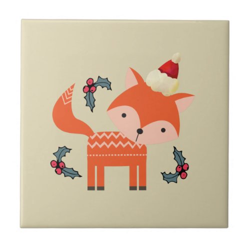 Orange Fox In Santa Hat Cute Whimsical Christmas Tile