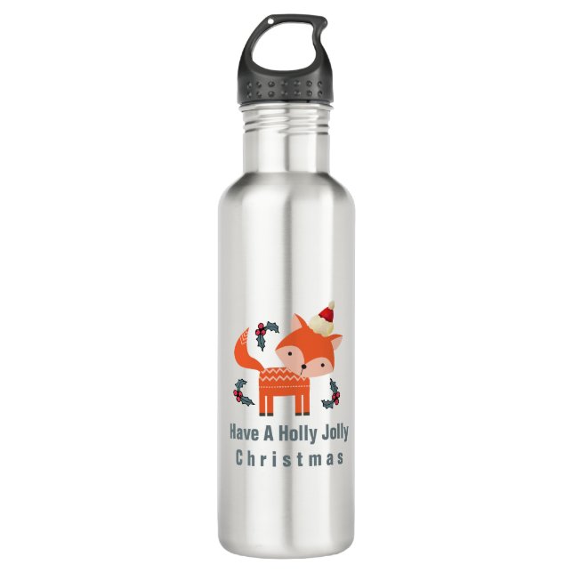 Orange Fox In Santa Hat Cute Whimsical Christmas Water Bottle (Front)
