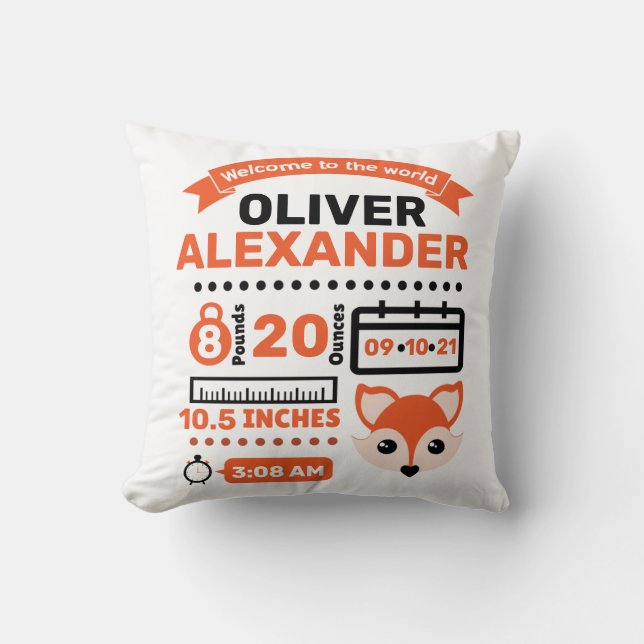 Orange Fox Newborn Baby Birth Stats Throw Pillow (Front)