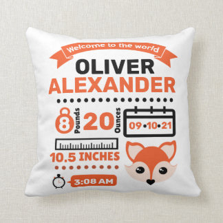 Orange Fox Newborn Baby Birth Stats Throw Pillow