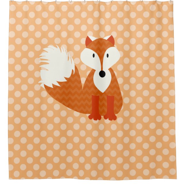 Orange Fox on Orane and White Polka Dotted Shower Curtain (Front)