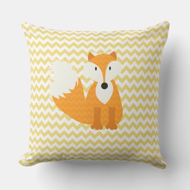 Orange Fox on Yellow Chevron Stripe Outdoor Pillow (Front)
