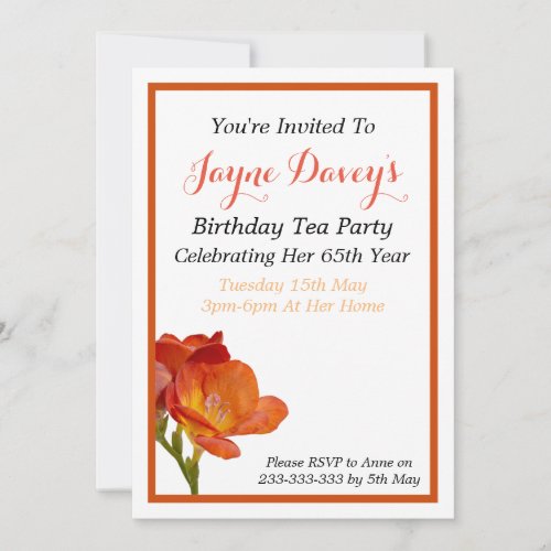 Orange Freesia Flower Birthday Invitation