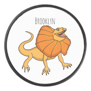 Orange frilled-neck lizard cartoon illustration hockey puck