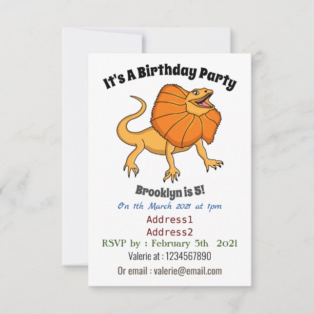 Orange frilled-neck lizard cartoon illustration invitation (Front)