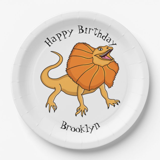 Orange frilled-neck lizard cartoon illustration paper plates (Front)