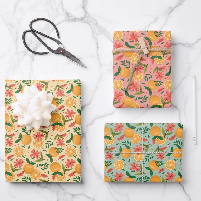 Orange Fruit and Flower Pattern Wrapping Paper Sheets (Front)