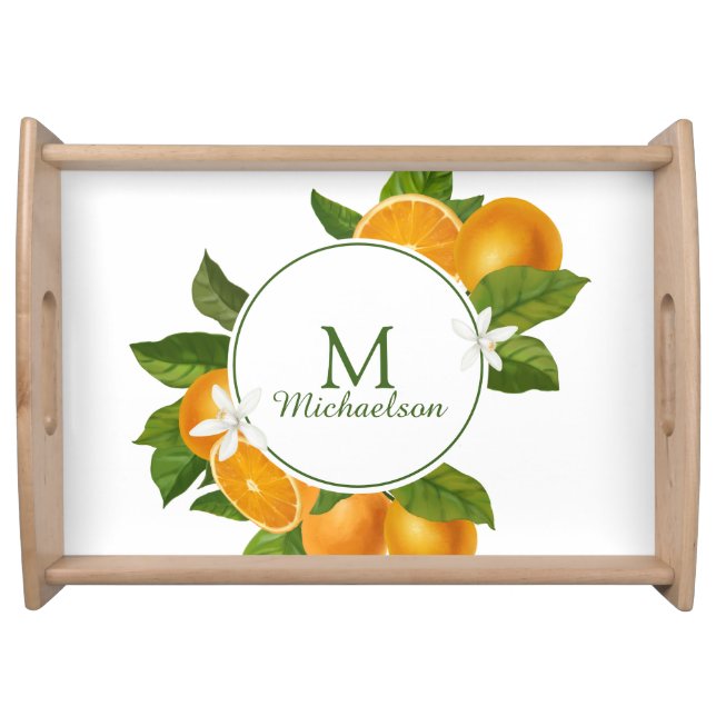 Orange Fruit Circle Frame Monogram Serving Tray (Front)