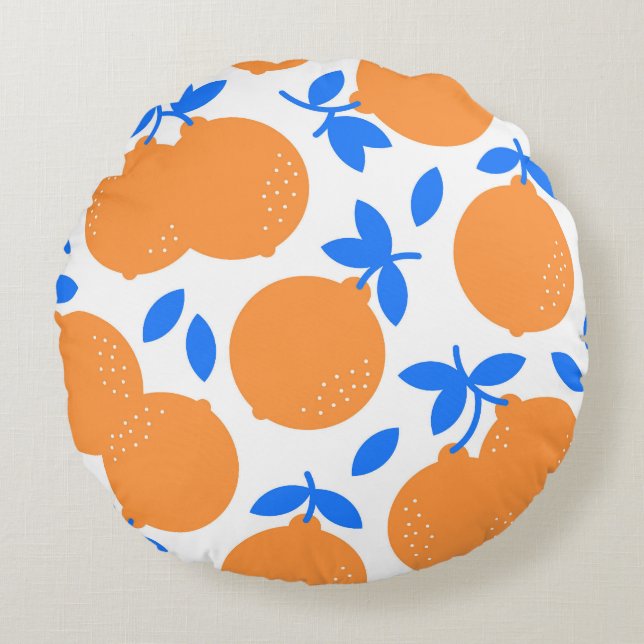 Orange Fruit: Exquisite Blue-Twigged Pattern. Round Pillow (Front)