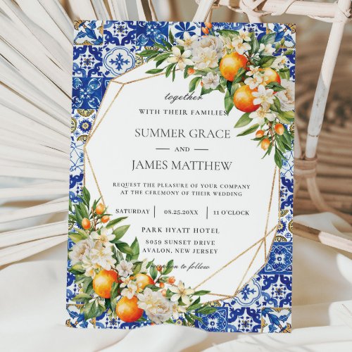 Orange Fruit Floral Mediterranean Tiles Wedding  Invitation