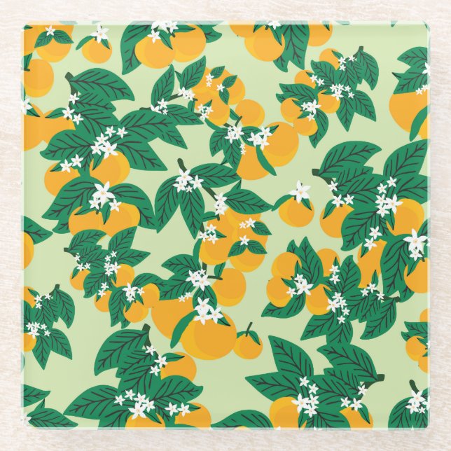 Orange fruit: green vintage pattern. glass coaster (Front)