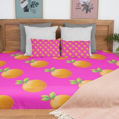 Orange Fruit Pattern Hot Pink Duvet Cover