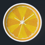 Orange Fruit Slice Pop Art Minimalist Kitchen Food Clock<br><div class="desc">This colorful orange clock is perfect for your kitchen decor. It shows a sliced open image of an orange citrus fruit with 12 fruit slices in alternating shades of orange, so you can tell time without numbers. This unusual design has a textured look - and sort of a 60s pop...</div>