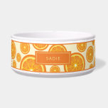 Orange Fruit Slices Pattern With Pet's Own Name Bowl<br><div class="desc">Destei's cartoon illustration of an orange fruit slice as a pattern. There is also a personalizable text area for a name. This fruity design is ideal for pets with fruit theme names such as "Orange", "Clementine" or "Satsuma", for example. The design is also great for the warm summer months to...</div>