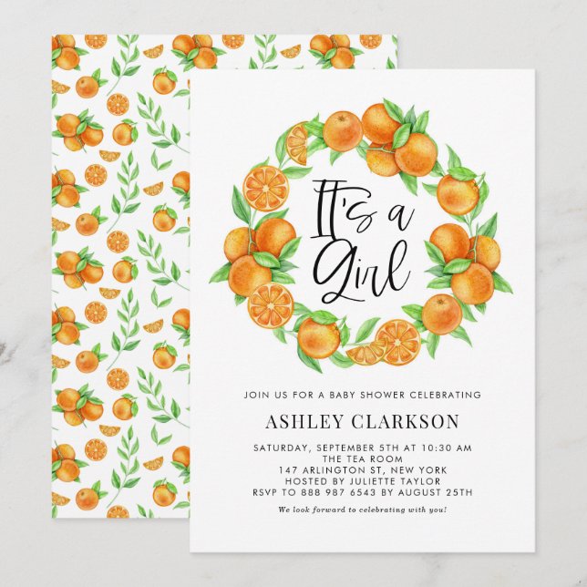 Orange Fruit Wreath Summer It's a Girl Baby Shower Invitation (Front/Back)
