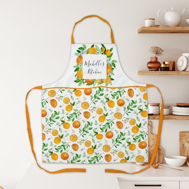 Orange Fruits and Flowers Summer Floral botanical Apron (In situ)