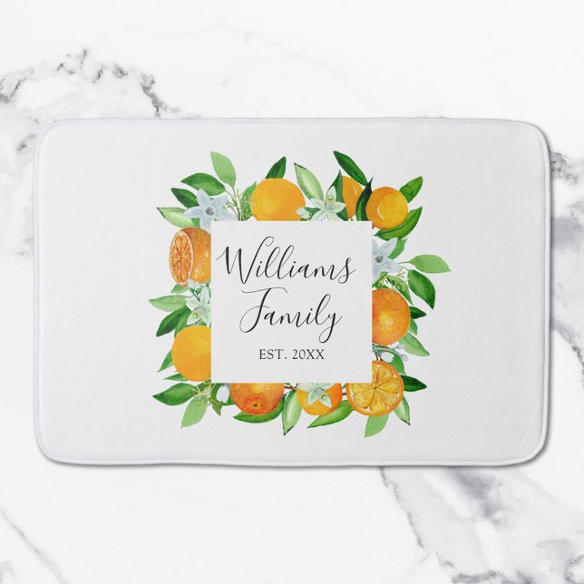 Orange Fruits and Flowers Summer Floral botanical Bath Mat (In situ)