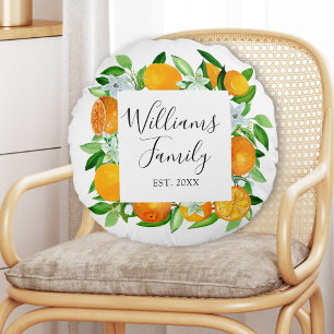 Orange Fruits and Flowers Summer Floral botanical Round Pillow