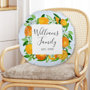 Orange Fruits and Flowers Summer Floral botanical Round Pillow
