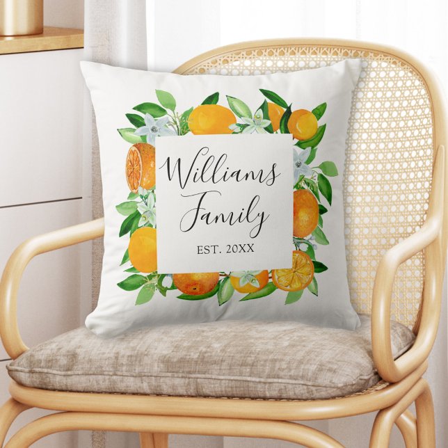 Orange Fruits and Flowers Summer Floral botanical Throw Pillow (In situ)