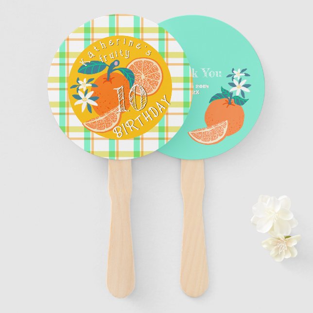 Orange Fruity 10th Birthday Plaid Hand Fan (Front and Back)