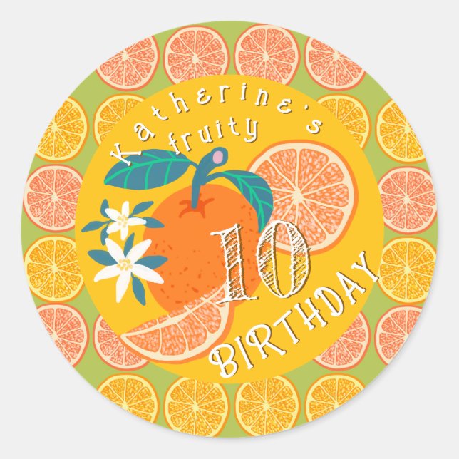 Orange Fruity Birthday Green Classic Round Sticker (Front)