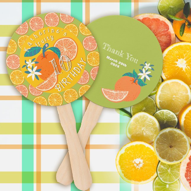 Orange Fruity Birthday Green Hand Fan (Orange Fruity Birthday Hand Fan.)