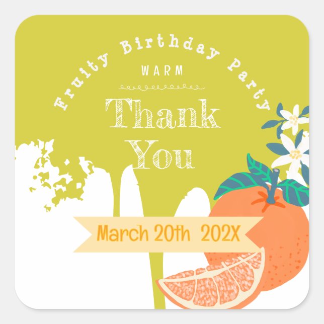 Orange Fruity Birthday Green Square Sticker (Front)