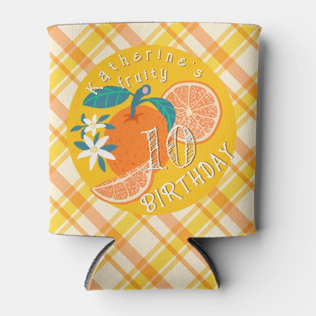 Orange Fruity Birthday Plaid Can Cooler (Front)