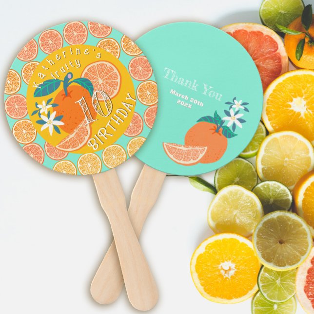 Orange Fruity Birthday Teal Hand Fan (Orange Fruity Birthday Hand Fan.)