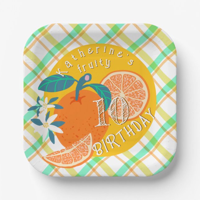 Orange Fruity Plaid  10th Birthday Paper Plate (Front)