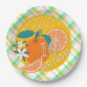 Orange Fruity Plaid 10th Birthday Paper Plate