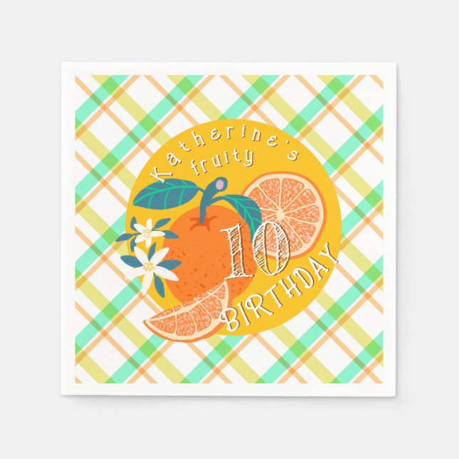 Orange Fruity Plaid Birthday  Napkins (Front)