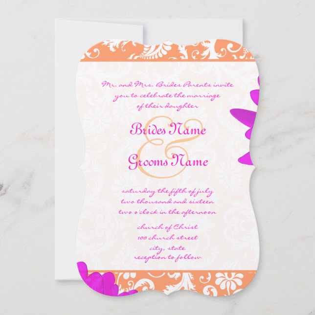 Orange & Fuchsia Gerber Daisy Wedding Invitation (Front)