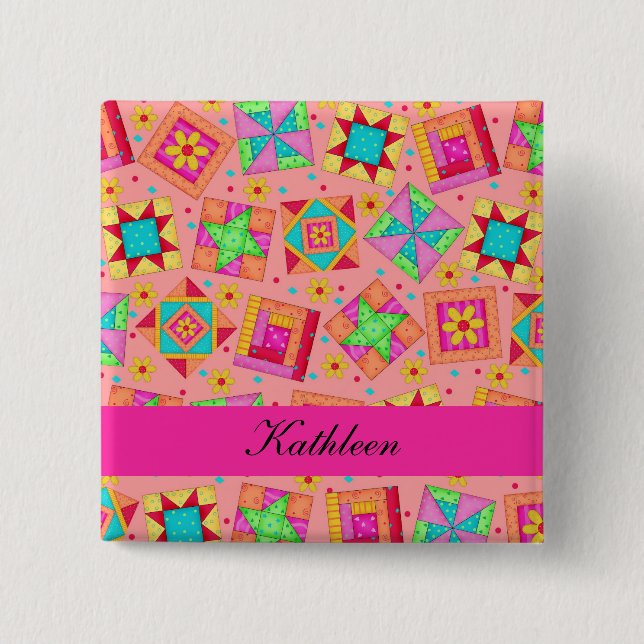 Orange Fuchsia Patchwork Quilt Blocks Name Badge Button (Front)