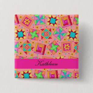 Orange Fuchsia Patchwork Quilt Blocks Name Badge Button