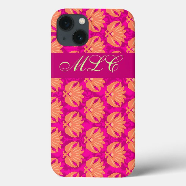 Orange Fuchsia Pink Art Nouveau Damask Monogram Case-Mate iPhone Case (Back)